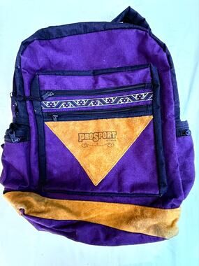 ProSport Vintage Backpack Purple Tan Suede Daypack Hiking School Travel Bag